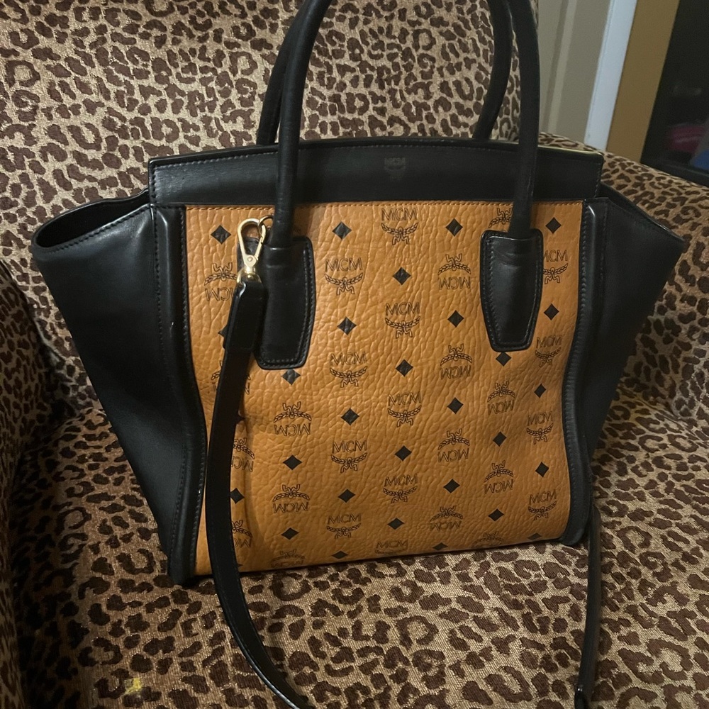 MCM Black and Tan Tote Bag with Monogram Print